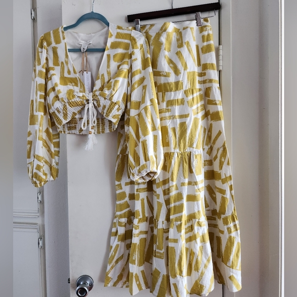 NWT House of Harlow 1960 Top Skirt printed Set Linen Rayon XS/S white mustard - Picture 4 of 5